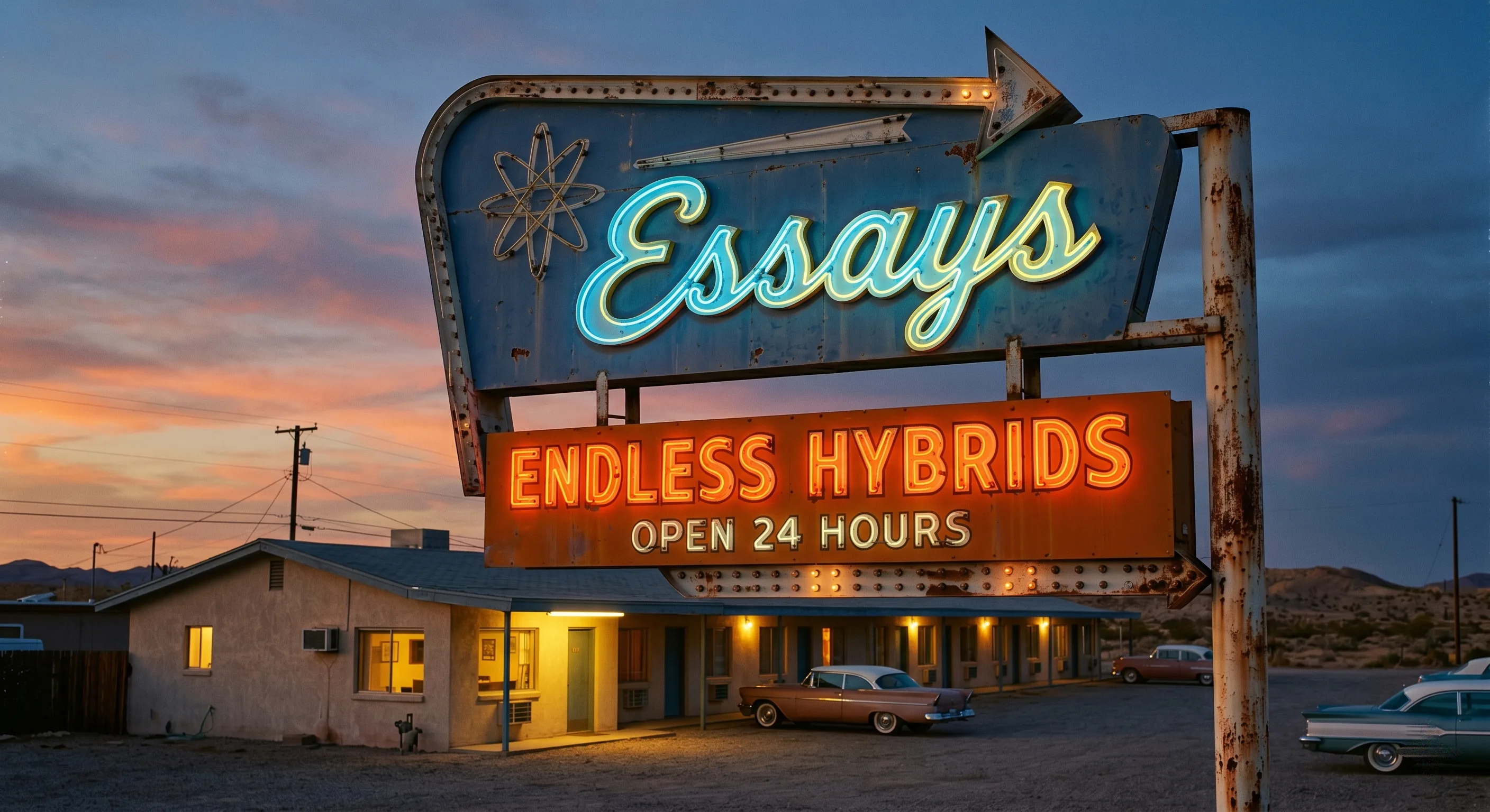 Substack — Endless Hybrids 'Essays' neon motel sign at dusk