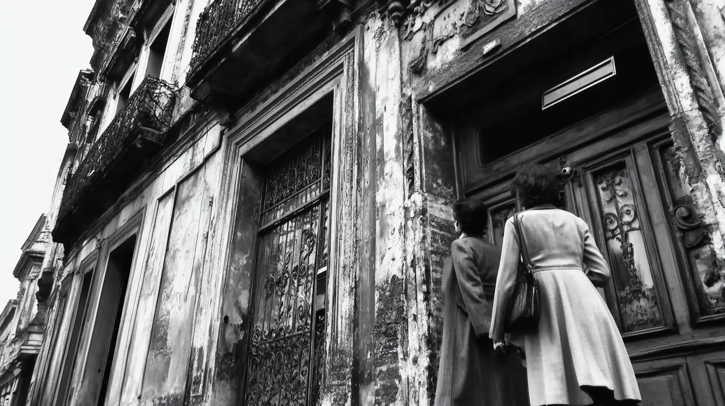 Forgery Lessons — figures at a weathered doorway in noir black and white
